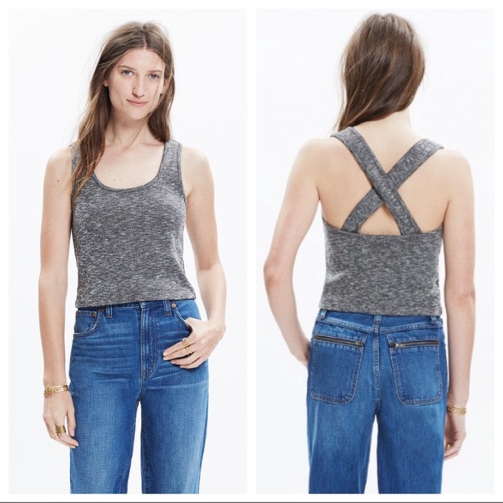 Madewell Cross-Back Marled Black Crop Top, Sz XS
